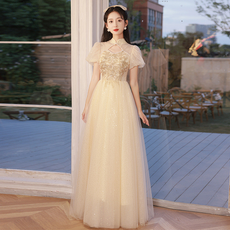 シャンパン色 ショート丈 カラードレス プリンセス 韓国風 ​ウェディング パーティー 演奏会 二次会 AK199