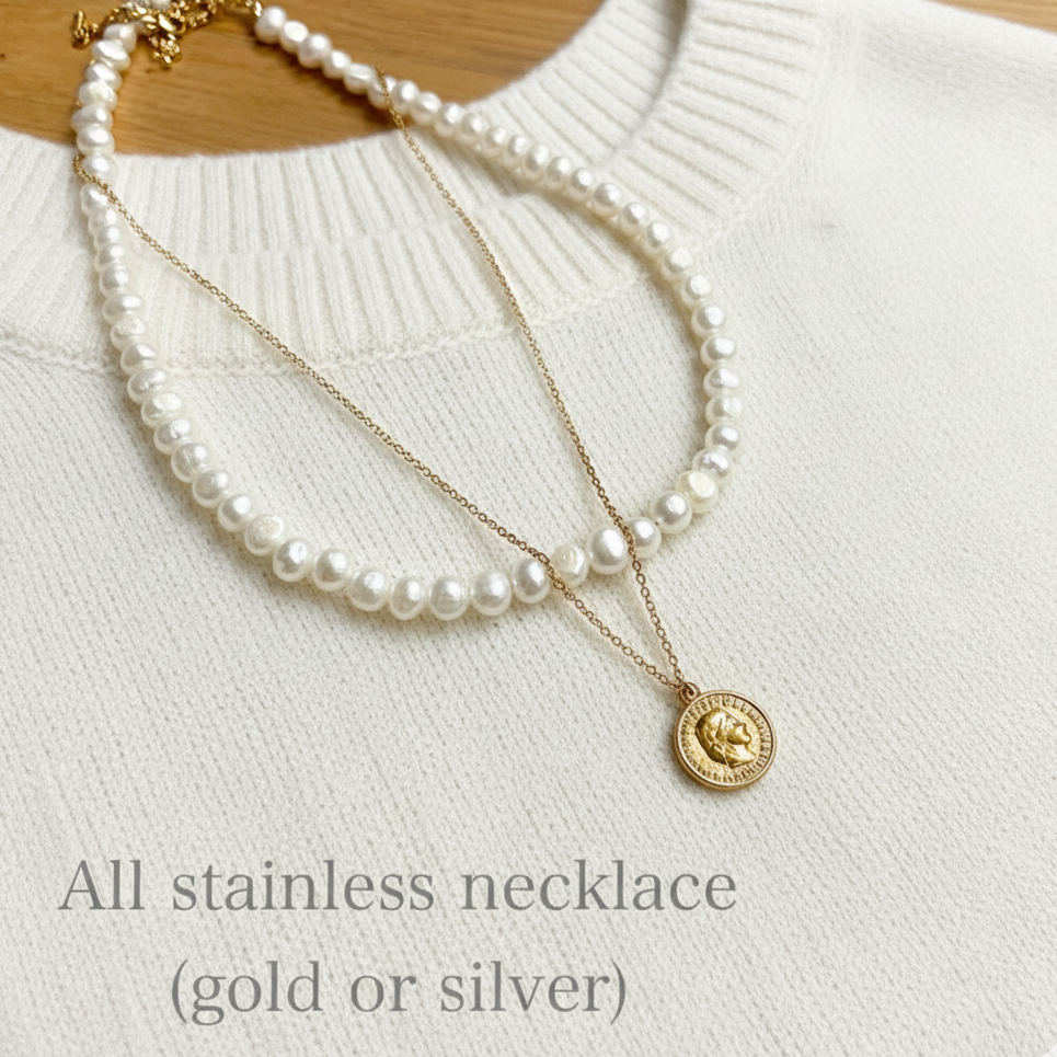 送料込 | サージカルステンレス | バロック淡水パールネックレス&コインネックレス