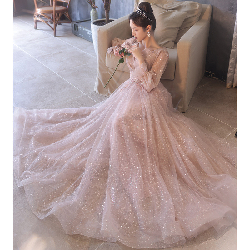 青 ピンク 長袖 ロング カラードレス 高級感 綺麗 韓国風 ​ウェディング パーティー 演奏会 二次会 AK205