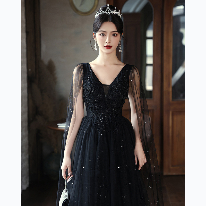 黒 Vネック ロング きらきら カラードレス シンプル 韓国風 ​ウェディング パーティー 演奏会 二次会 AK206