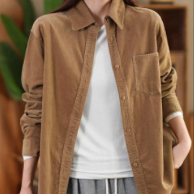 レトロなコットンコーデュロイシャツ気品開襟長袖トップス細ベルベットカジュアルコート