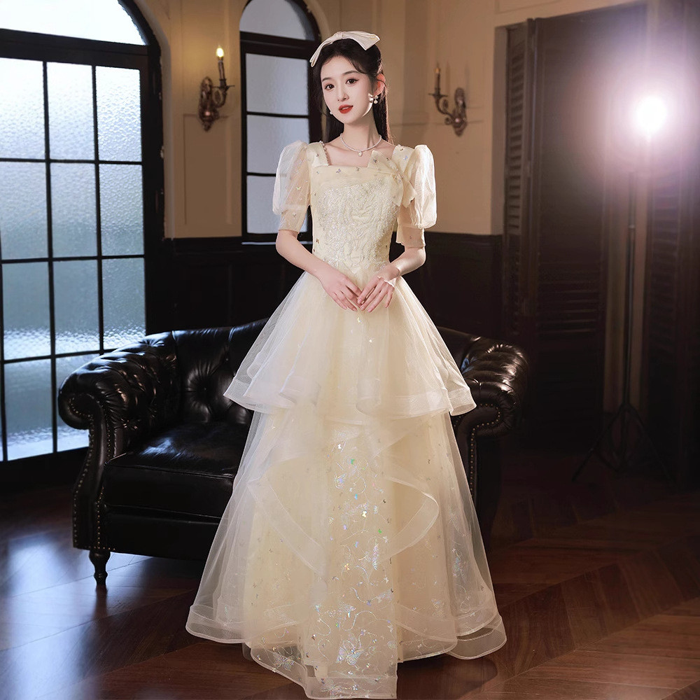 シャンパン色 パフスリーブ ロング カラードレス シンプル 韓国風 ウェディング パーティー 演奏会 二次会 AK213