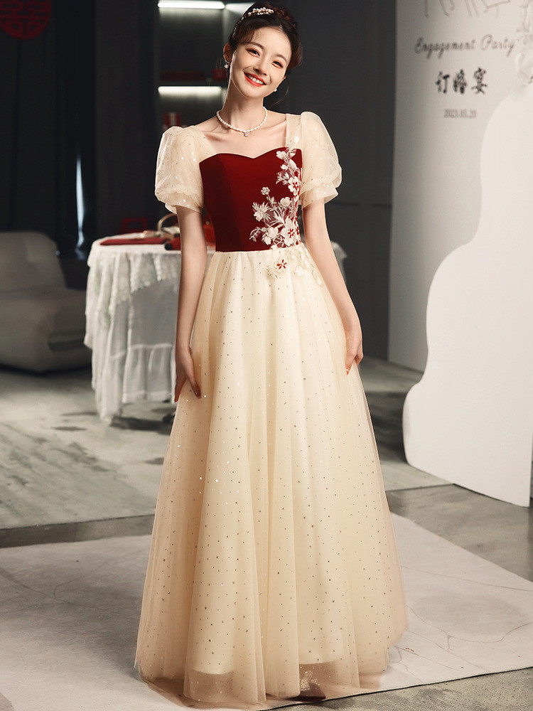 シャンパン色 半袖 ロング カラードレス シンプル 韓国風 花嫁 ウェディング パーティー 演奏会 二次会 HL105