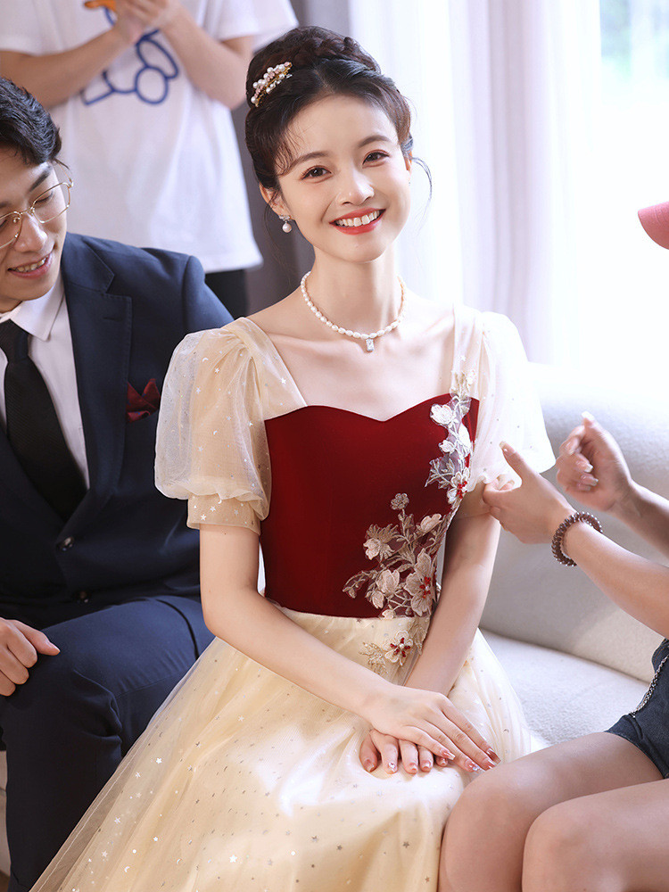 シャンパン色 半袖 ロング カラードレス シンプル 韓国風 花嫁 ウェディング パーティー 演奏会 二次会 HL105