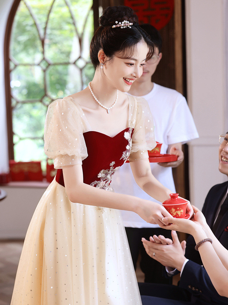シャンパン色 半袖 ロング カラードレス シンプル 韓国風 花嫁 ウェディング パーティー 演奏会 二次会 HL105