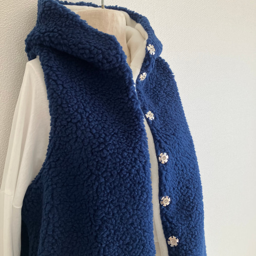 ボア×フリース フードベスト ブルーネイビー×オフ ベスト blueen 通販