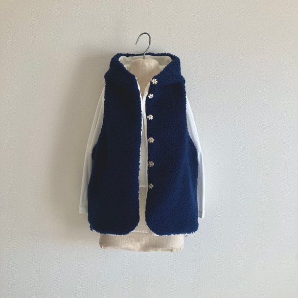 ボア×フリース　フードベスト　ブルーネイビー×オフ 3枚目の画像
