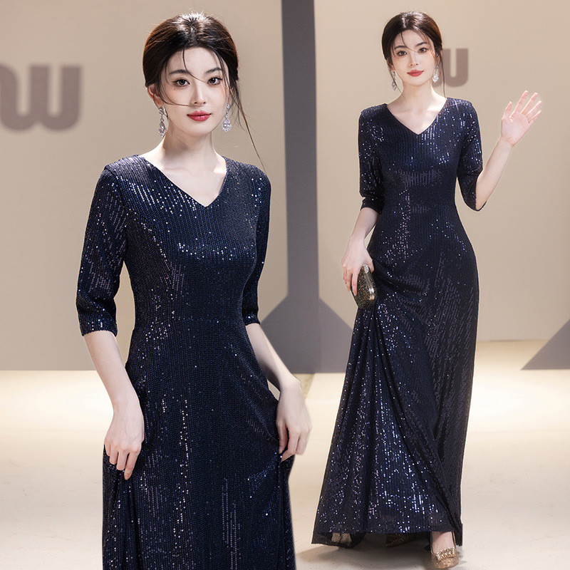 ロイヤルブルー Vネック ロング きらきら カラードレス 高級感 ウェディング パーティー 演奏会 二次会 HL107