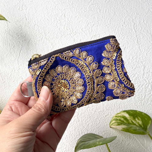 インド刺繍リボンのミニポーチ／ロイヤルブルー×ゴールド／小物入れ