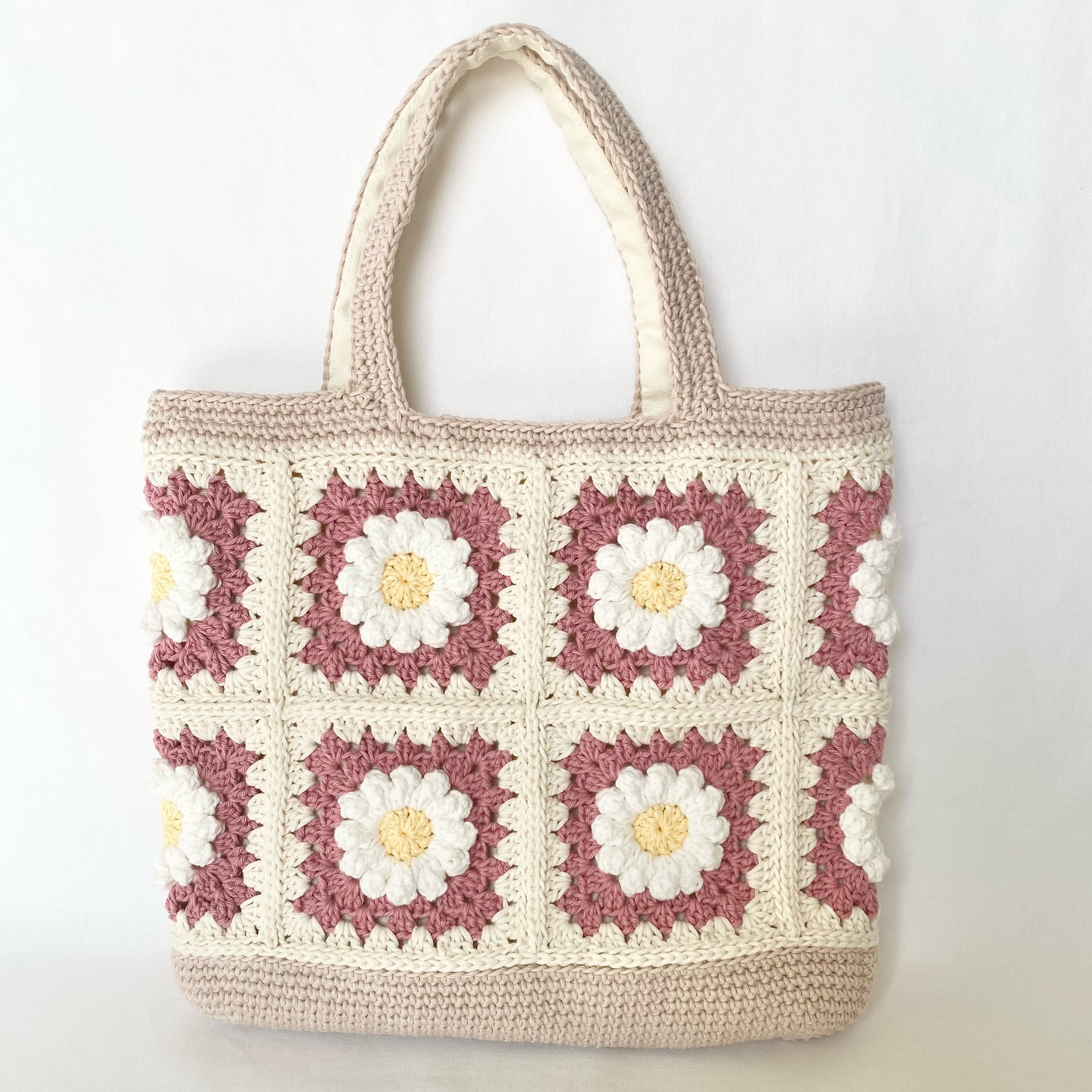 お花モチーフのトートバッグ｜綿100% ｜内布付き｜編み物｜普段使い・お出かけ