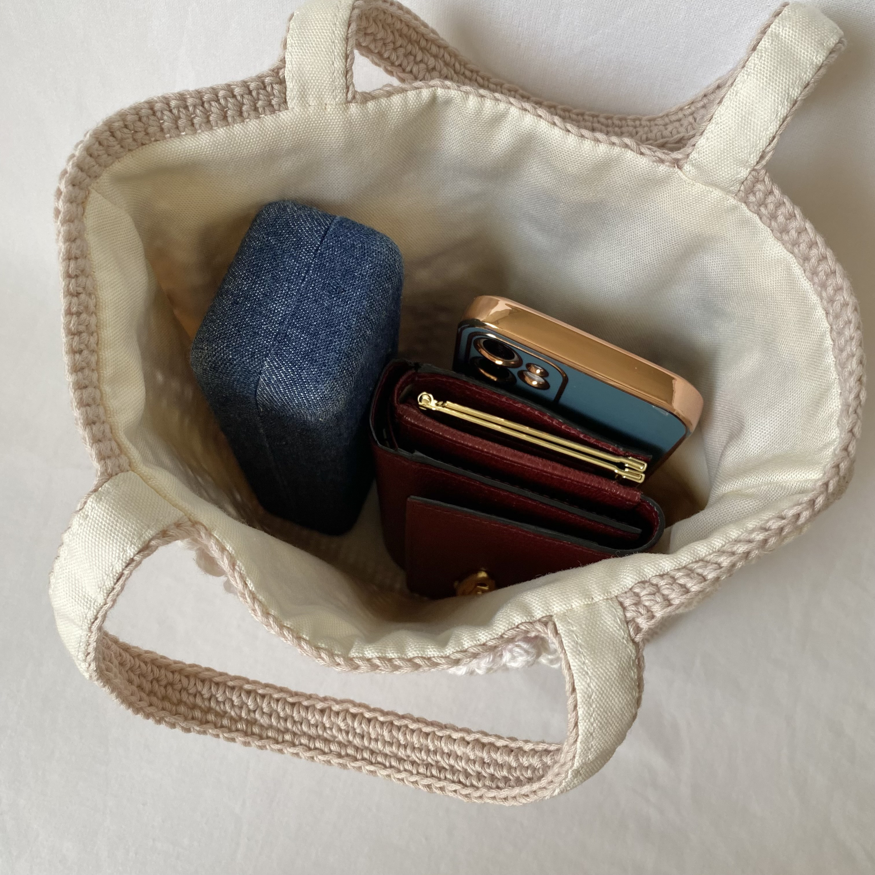 お花モチーフのトートバッグ｜綿100% ｜内布付き｜編み物｜普段使い・お出かけ