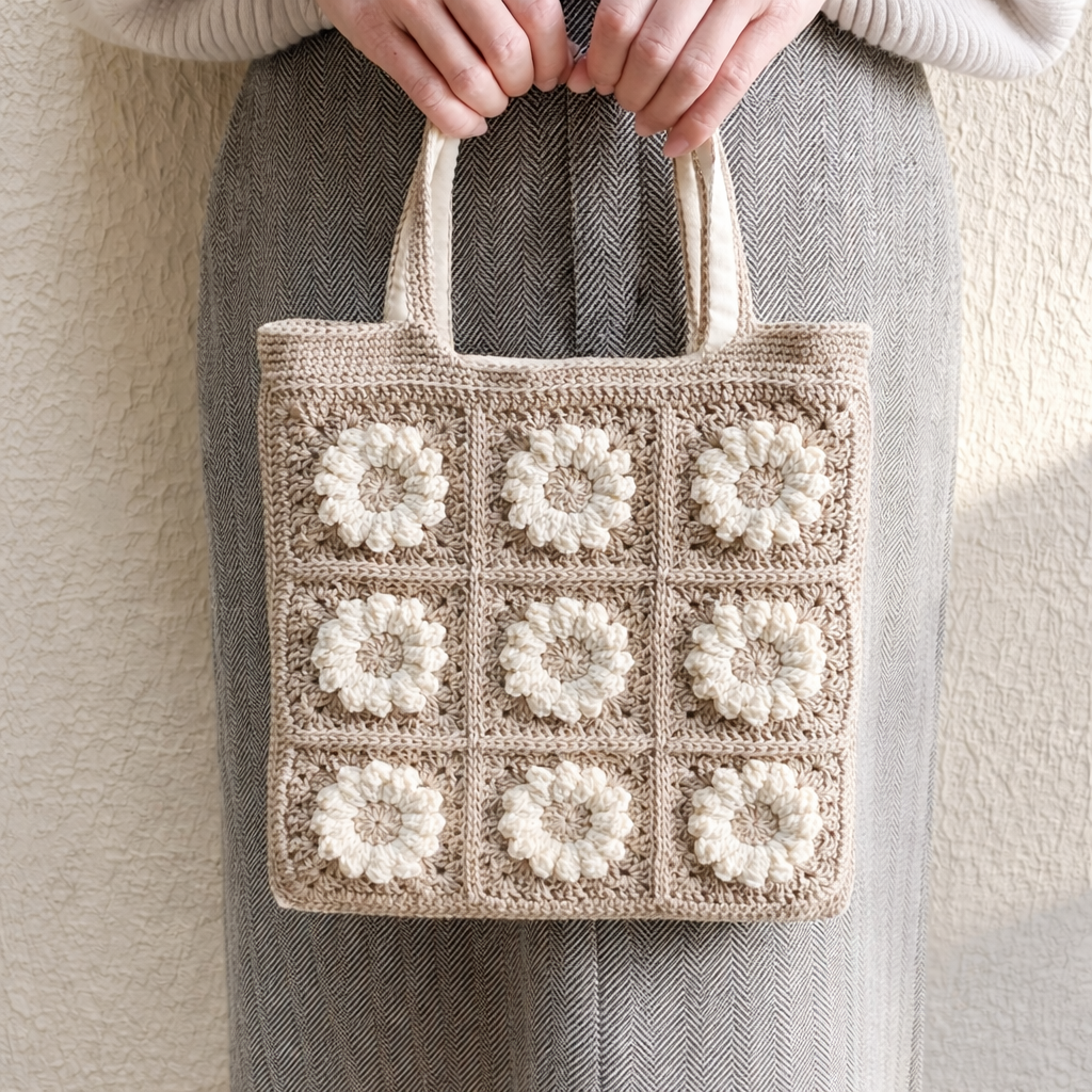 お花モチーフのトートバッグ｜綿100% ｜内布付き｜編み物｜普段使い・お出かけ