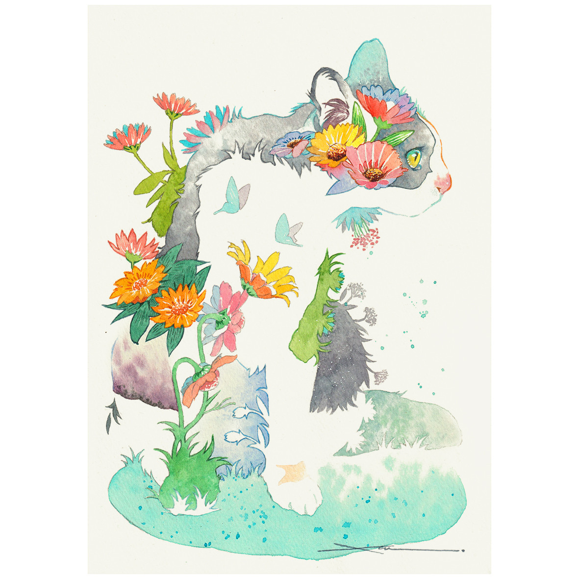 猫(白黒)_水彩原画_イラスト