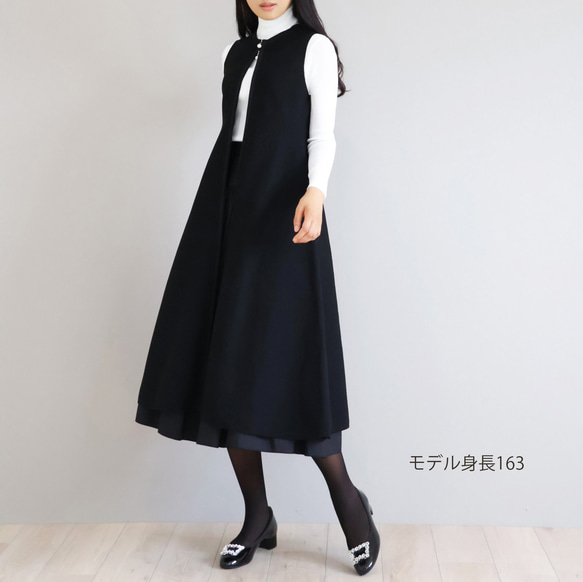 【人気のニットジレワンピ！】ホールガーメント オープンファスナー ジレワンピース【ブラック】 2枚目の画像