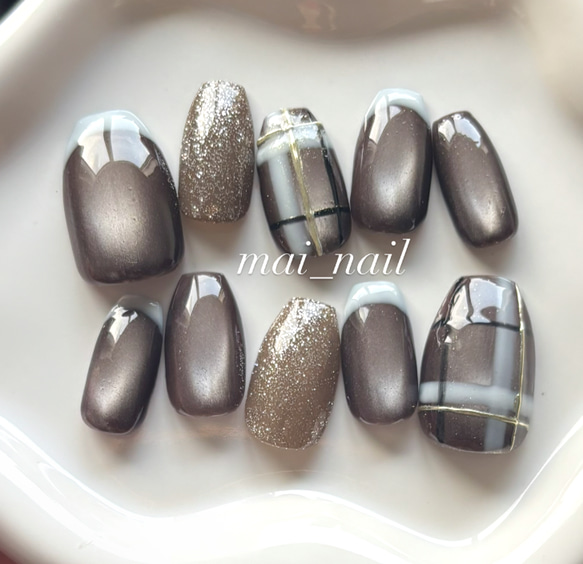 ネイルチップ オーダー チェック マグネット ミラー ニュアンス ぷっくり 冬 ネイルチップ オーダー チェック マグネット ミラー ニュアンス