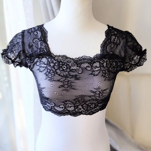 S～M／スカラップを生かした柔らかな黒い花レースと白がシックな娘役レオタード S～Mサイズ／スカラップを生かした柔らかな黒い花レースと白がシックな