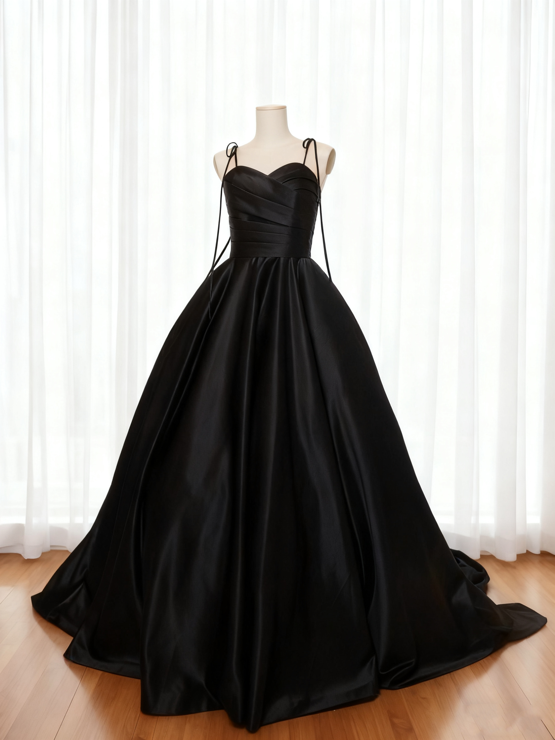 送料無料！パーティードレス キャミソール ブラック ハンドドレープ 光沢サテン リボン エレガント 前撮り