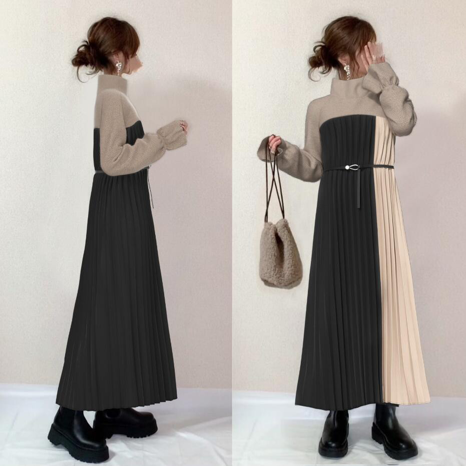 秋冬レディースセーターパッチワークワンピース【返品・交換可】品質最優先25-499