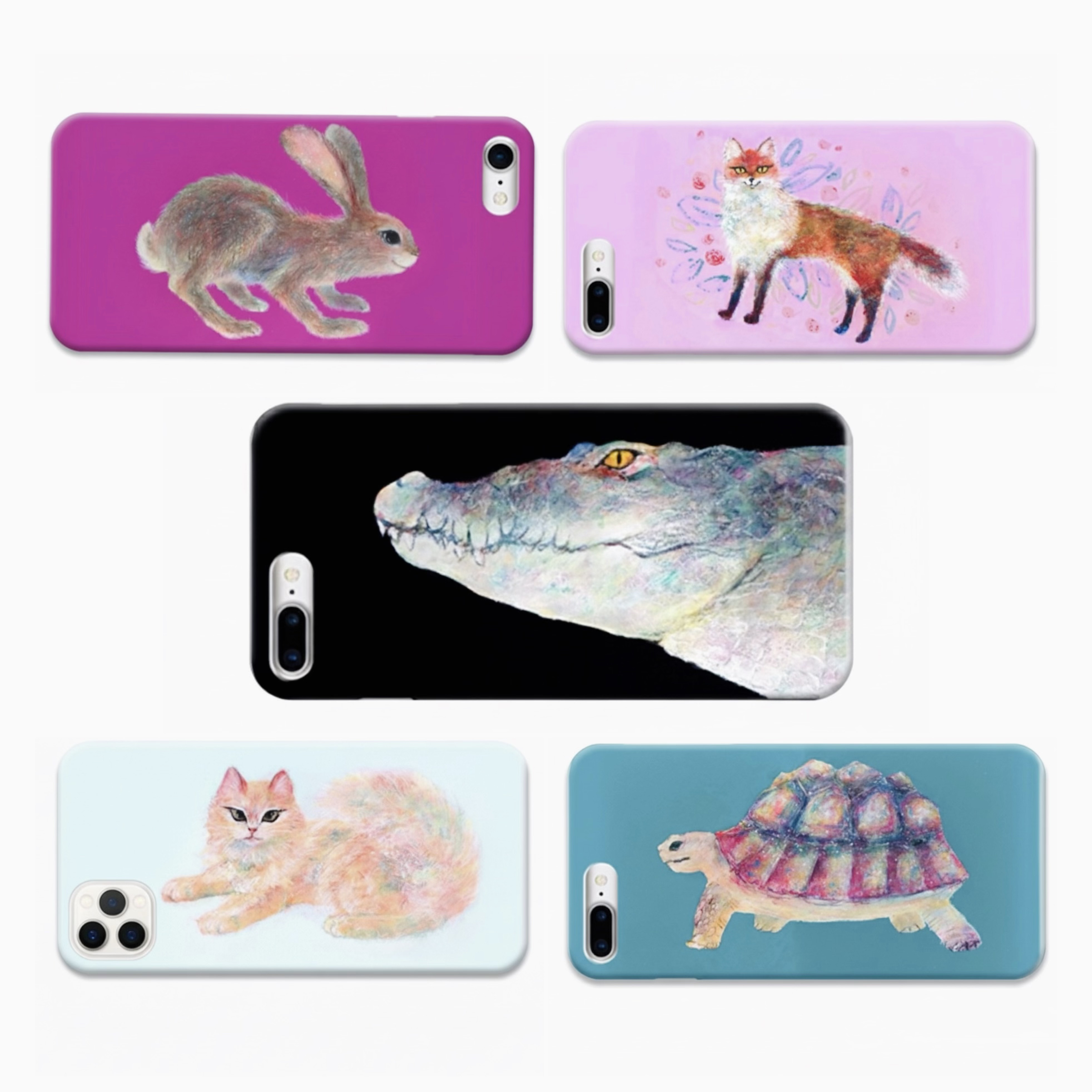 【iPhoneほぼ全機種対応】アートスマホケース　ウサギ／キツネ／ワニ／ネコ／カメ