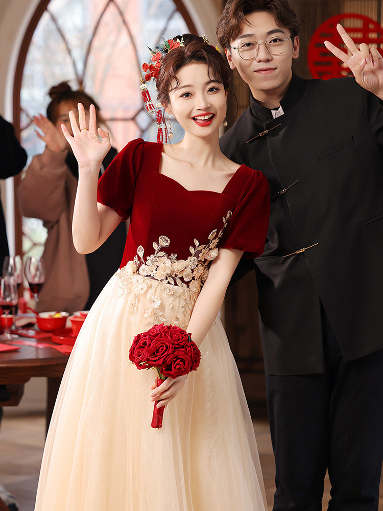 赤 半袖 ロング カラードレス 高級感 シンプル 花嫁 ウェディング パーティー 演奏会 二次会 HL117