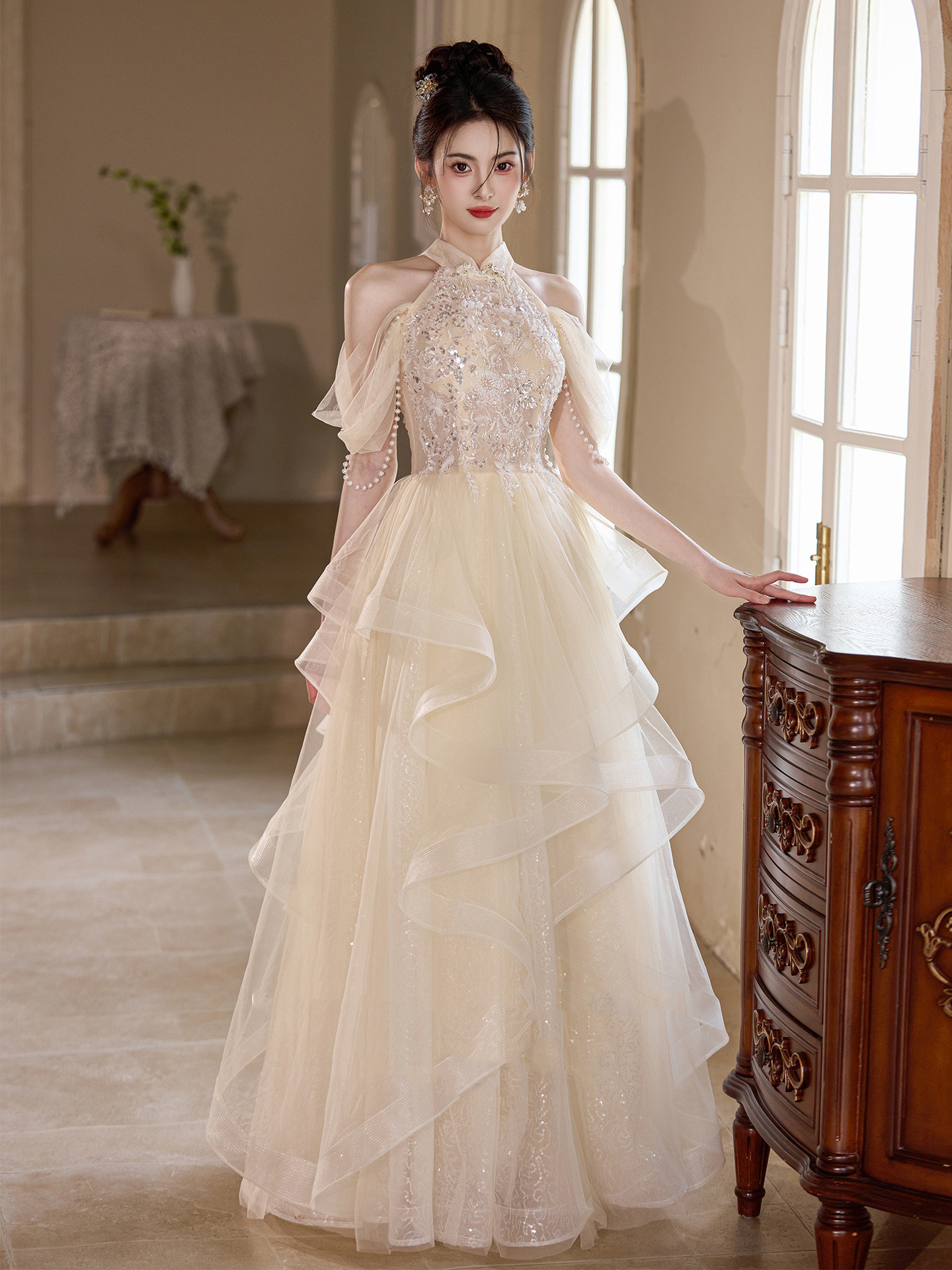 シャンパン色 オフショルダー ロング カラードレス プリンセス ウェディング パーティー 演奏会 二次会 HL119ドレス