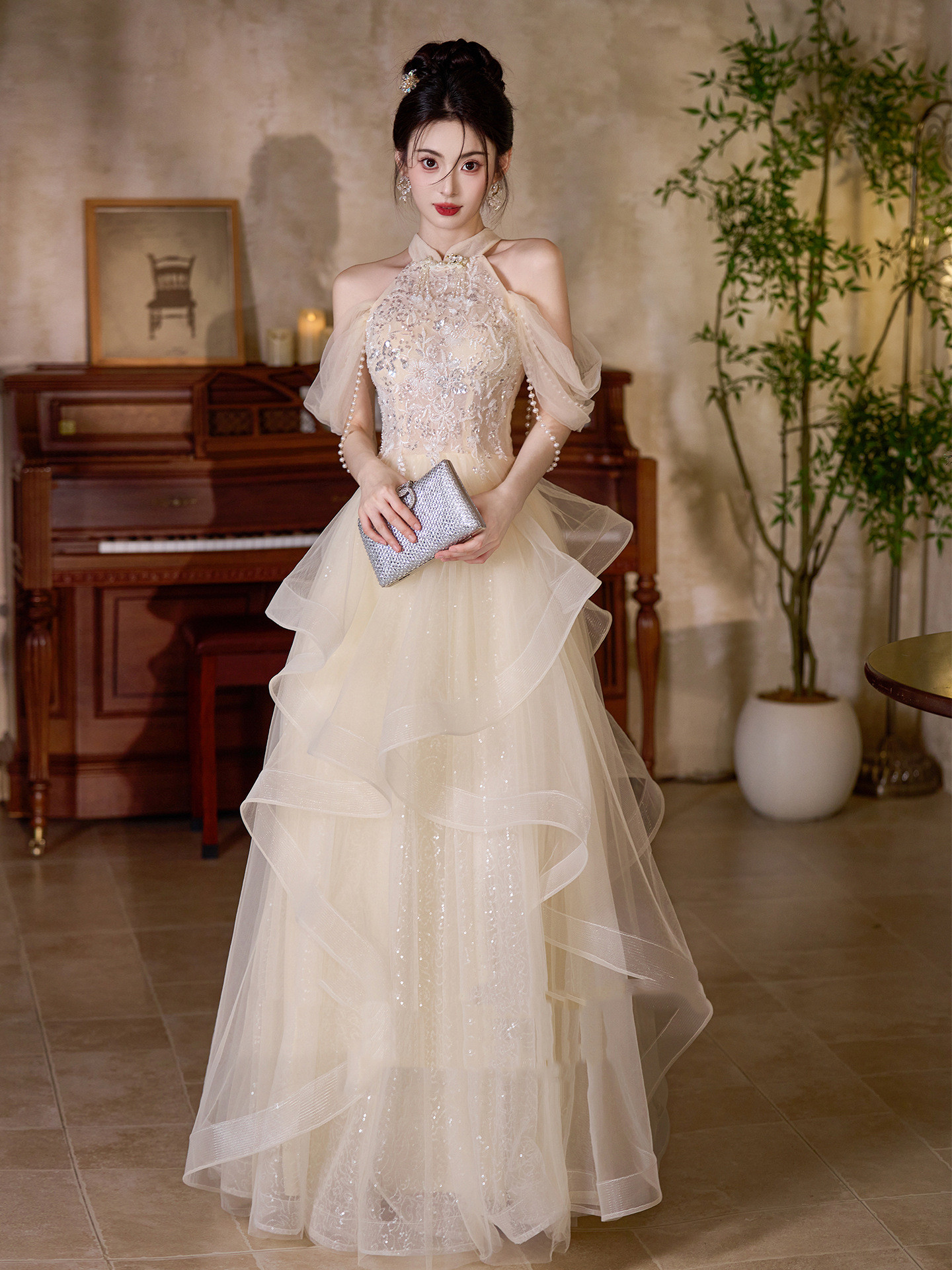 シャンパン色 オフショルダー ロング カラードレス プリンセス ウェディング パーティー 演奏会 二次会 HL119