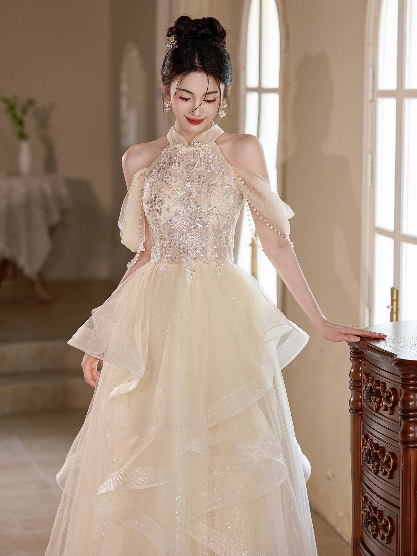 シャンパン色 オフショルダー ロング カラードレス プリンセス ウェディング パーティー 演奏会 二次会 HL119