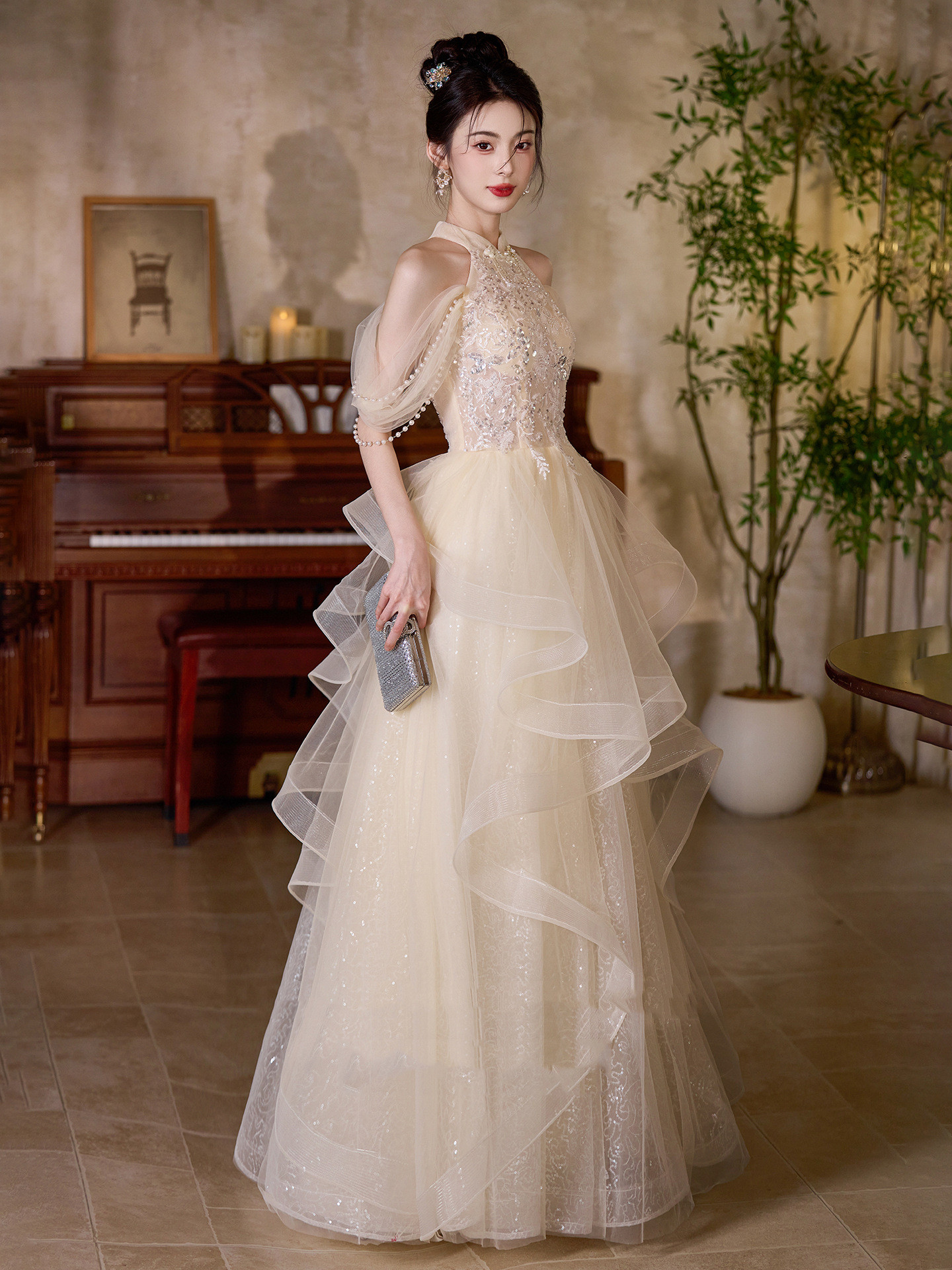 シャンパン色 オフショルダー ロング カラードレス プリンセス ウェディング パーティー 演奏会 二次会 HL119