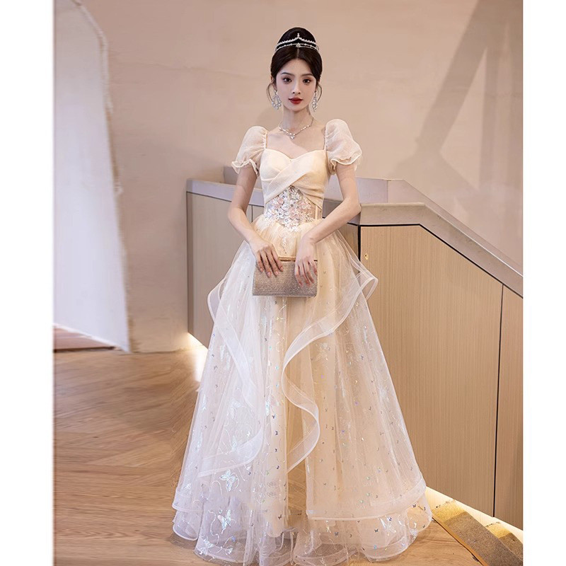 シャンパン色 パフスリーブ ロング カラードレス プリンセス 韓国風ウェディング パーティー 演奏会 二次会 HL120