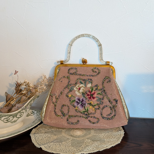 花とビーズの刺繍 マーブル模様のUSAヴィンテージバック ハンドバッグ