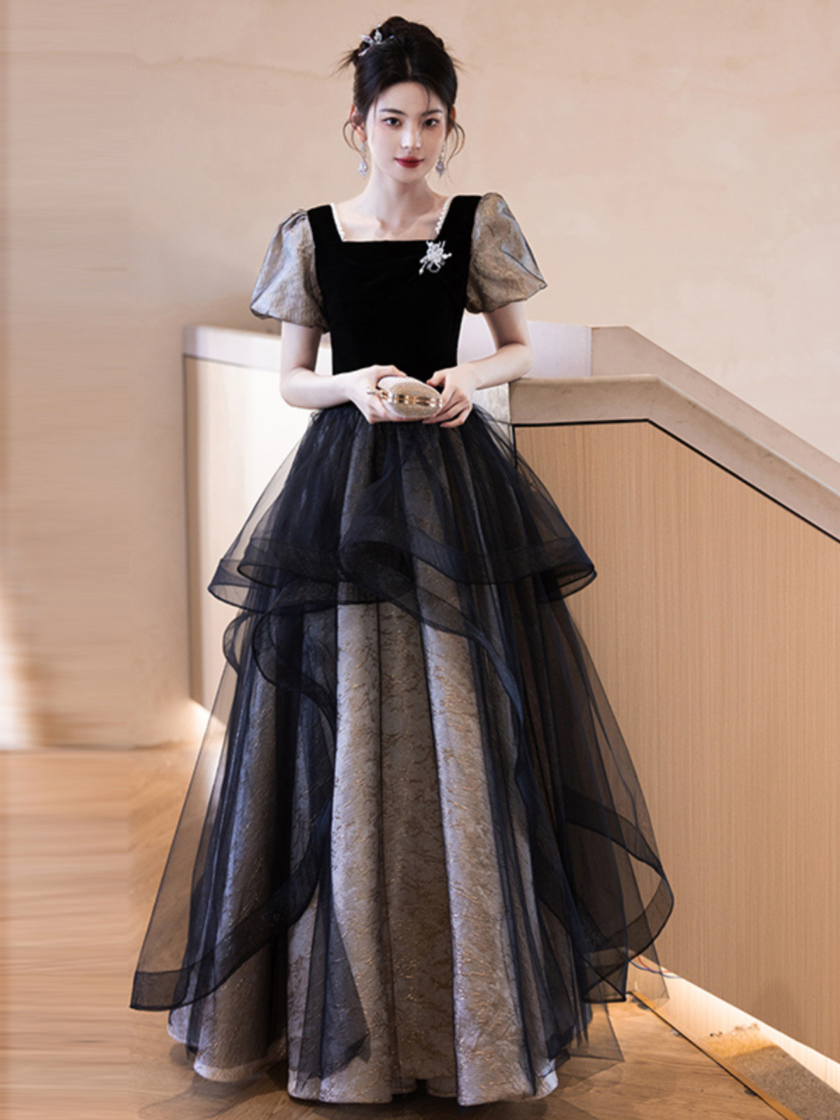 黒 パフスリーブ ロング カラードレス シンプル 韓国風 ウェディング パーティー 演奏会 二次会 HL123