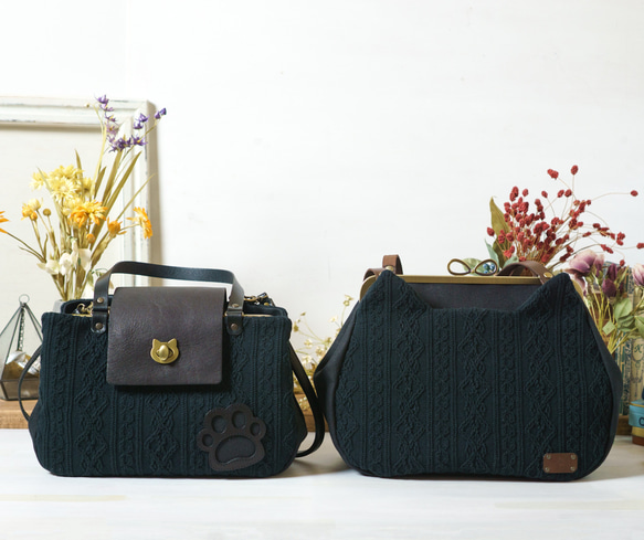 ブラウンフラワー・猫がま口 ボストンバッグ（ネコ 肉球） 17枚目の画像