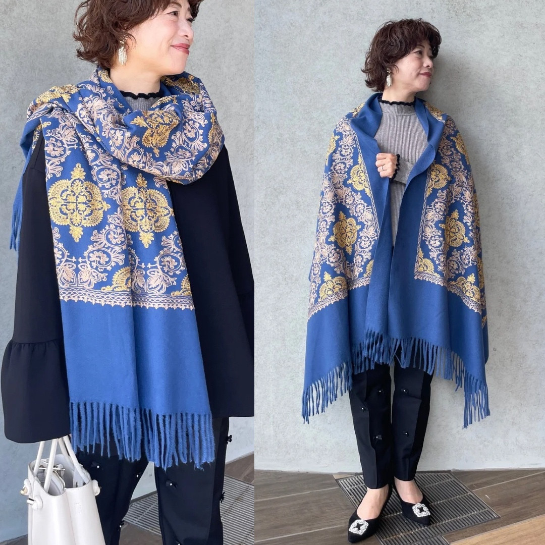 【総刺繍】カシミヤタッチ大判ストール あったか軽量 上品で華やかフォーマルにも 青■KMC-148 887492