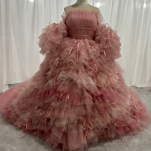 韓国風もこもこ ピンクカラードレス リボン チュールドレス フリルオフ