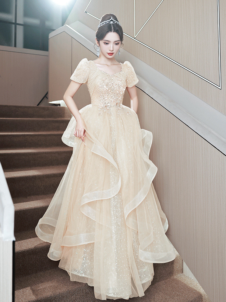 薄シャンパン色 半袖 ロング カラードレス 韓国風 プリンセス ウェディング パーティー 演奏会 二次会 HL132