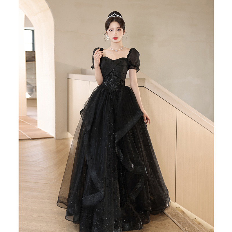 黒 パフスリーブ ロング カラードレス 高級感 プリンセス ウェディング パーティー 演奏会 二次会 HL135 7,948円