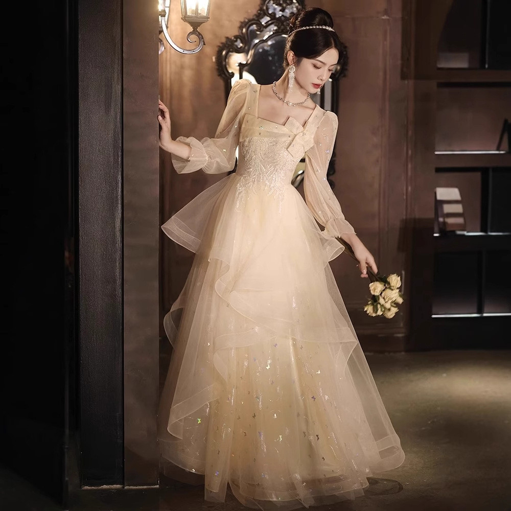 シャンパン色 長袖 ロング カラードレス 韓国風 プリンセス ウェディング パーティー 演奏会 二次会 HL136