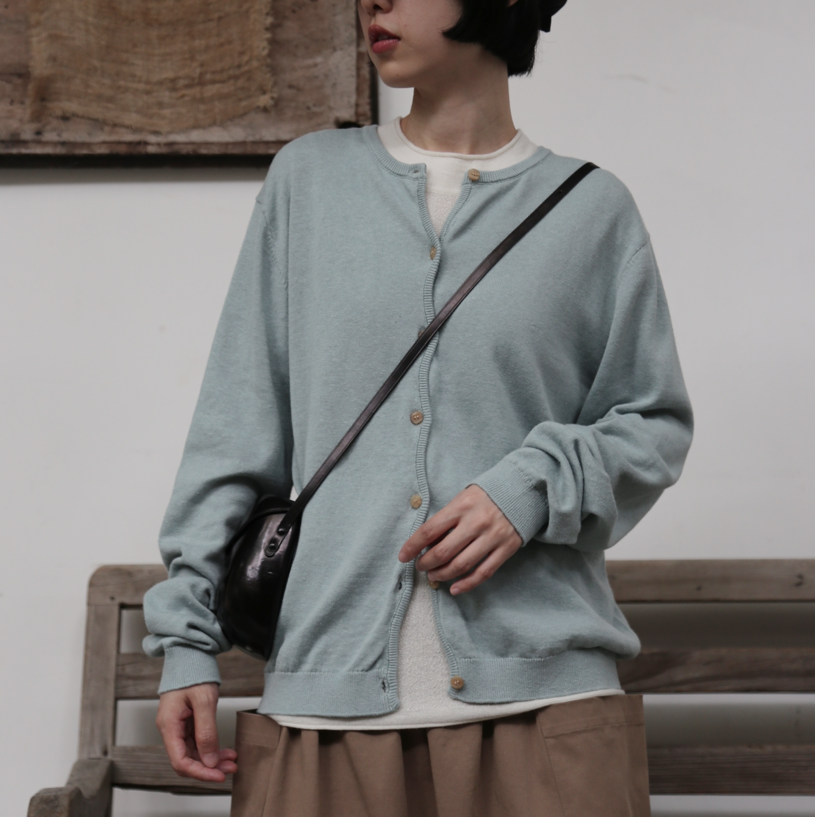 心地よい着心地の年中愛用ニットカーディガン 　コットンリネン カーディガン　ミントブルー  251013-1