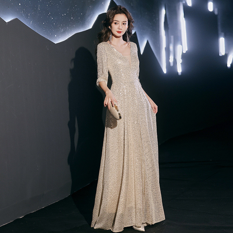 シャンパン色 Vネック きらきら ロング カラードレス 高級感 ウェディング パーティー 演奏会 二次会 HL140