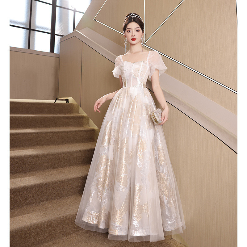 ベージュ パフスリーブ ロング カラードレス プリンセス 高級感 ウェディング パーティー 演奏会 二次会 HL141