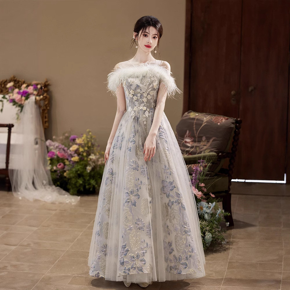 青 オフショルダー ロング カラードレス おしゃれ 高級感 ウェディング パーティー 演奏会 二次会 HL142