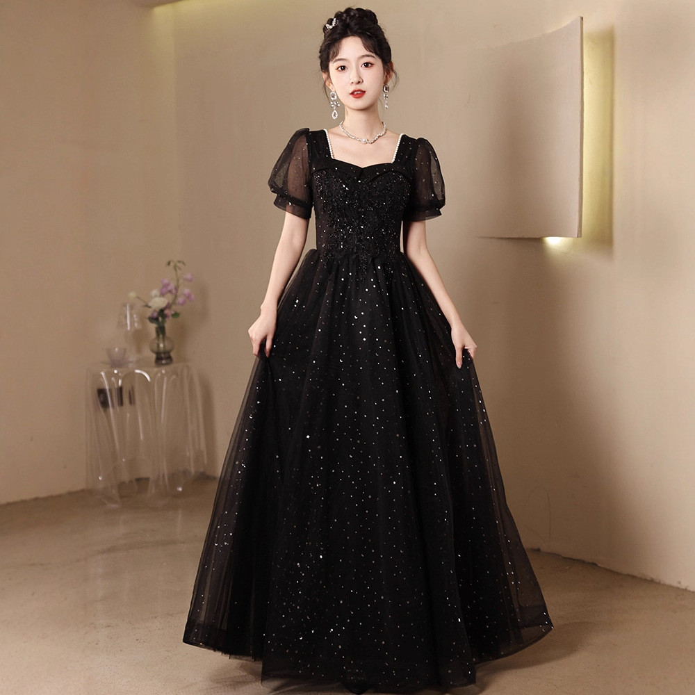 黒 半袖 ロング きらきら カラードレス シンプル 韓国風 ウェディング パーティー 演奏会 二次会 HL146