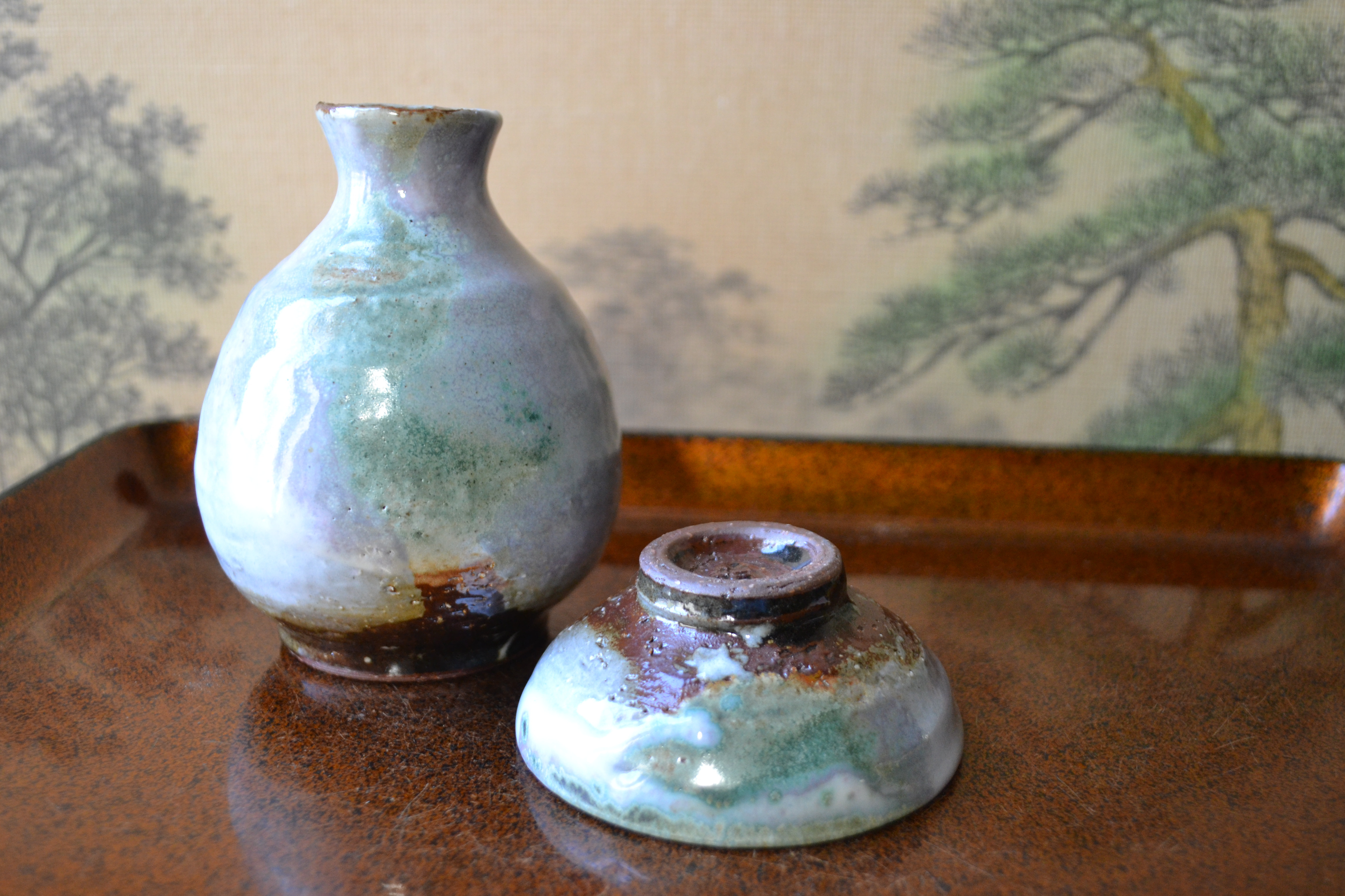 【新着】徳利＆お猪口 三彩釉(風雲)　酒器セット　一合徳利　★萩焼き　陶器　ギフト