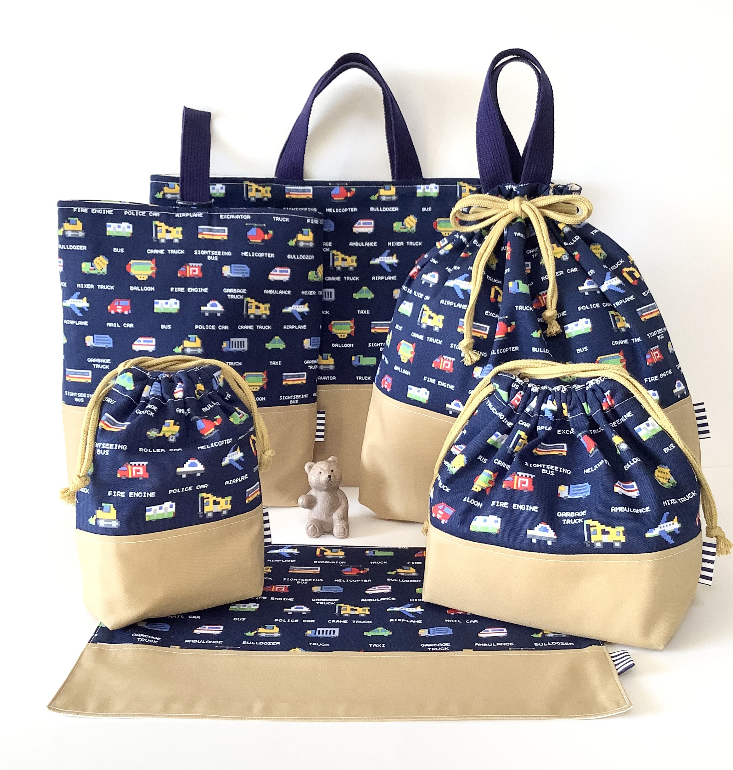 ♪new♪♡はたらくクルマ★通園通学6点セット♡ ドット絵〜ピクセルアート〜くるま柄〜♪ネイビーブルー♪