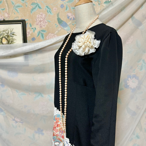 着物リメイク MLサイズ 友禅染めと駒刺繍 黒留袖ドレス＆リボンベルト