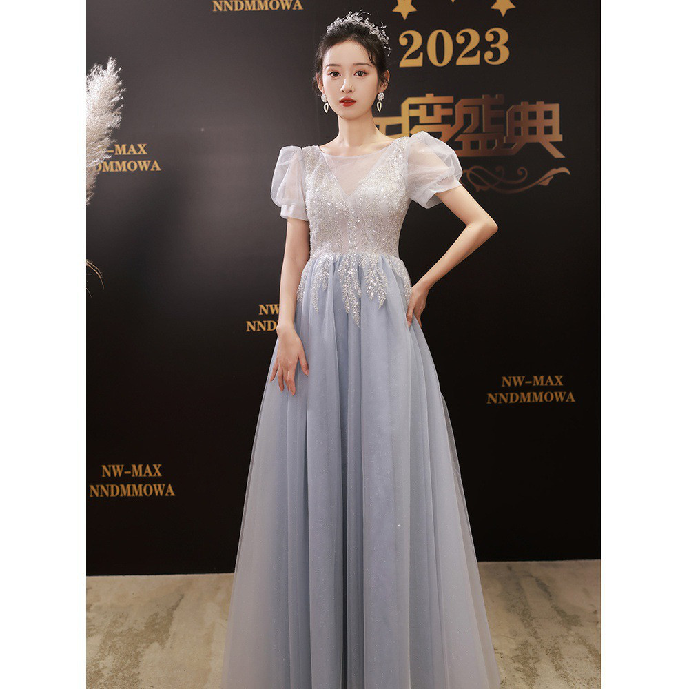 薄青 パフスリーブ ロング カラードレス 韓国風 ウェディング パーティー 演奏会 二次会 AK218