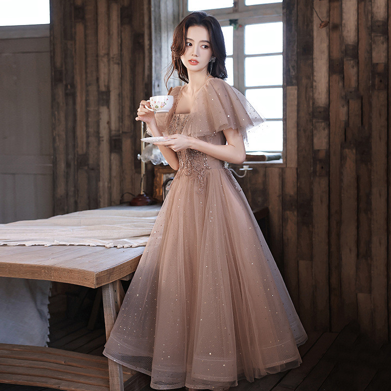 カーキ スパンコール カラードレス シンプル 綺麗 韓国風 ウェディング パーティー 演奏会 二次会 AK223