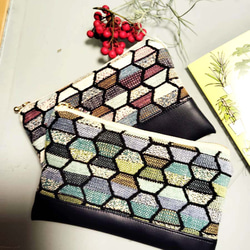 高級英国生地　ハチの巣柄　ブルー　コスメ入れ　カード入れ　薬入れ　カード入れ 5枚目の画像