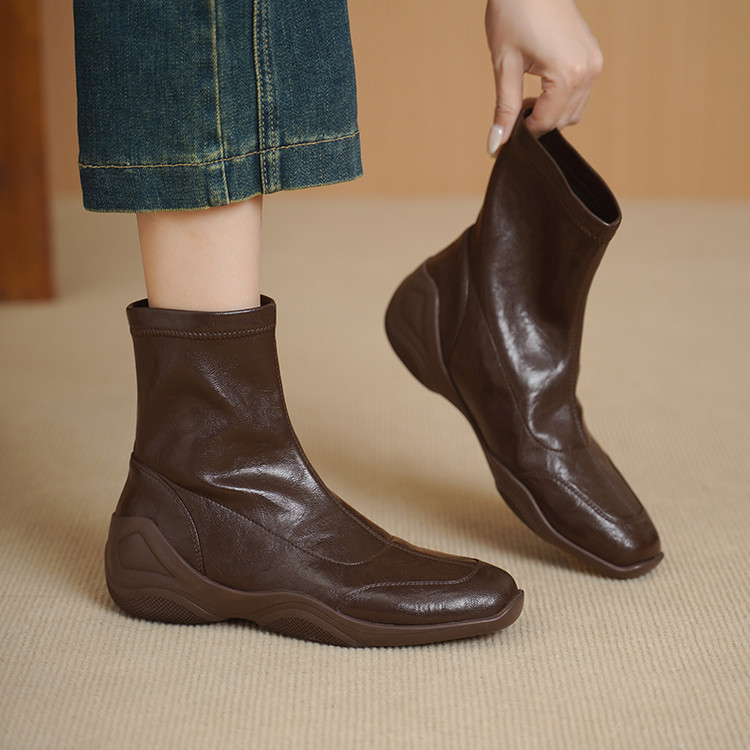 25 秋冬トレンド！厚底スリムブーツ レディース 方頭ストレッチ 弹力シューズ低ヒール22-25cm#1261