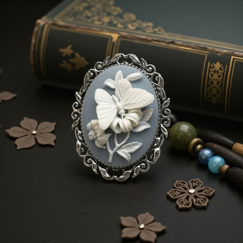 Cameo Brooch #94 カメオ ブローチ 蝶々 バタフライ ブルーグレー